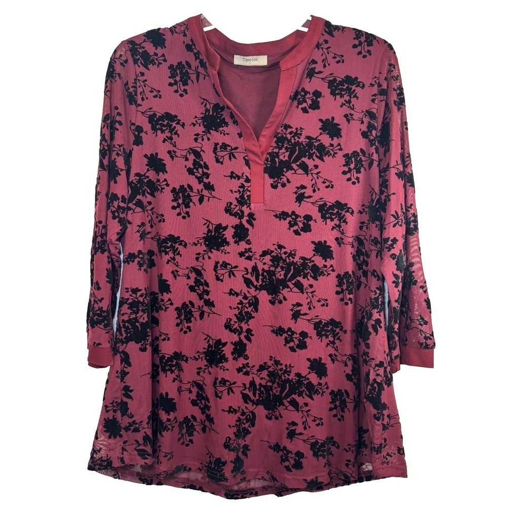 Timeson Womens L Burgundy Black Velvet Floral Tunic Blouse Mesh Long Top